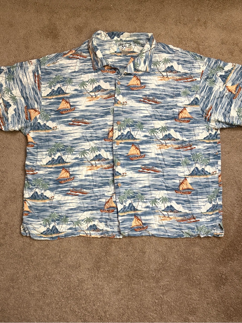 VTG Big Dogs Button Up Shirt Mens 3X Blue Hawaiian Aloha Island Short Sleeve